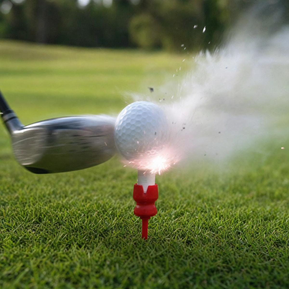 Golf tee exploding with smoke on impact